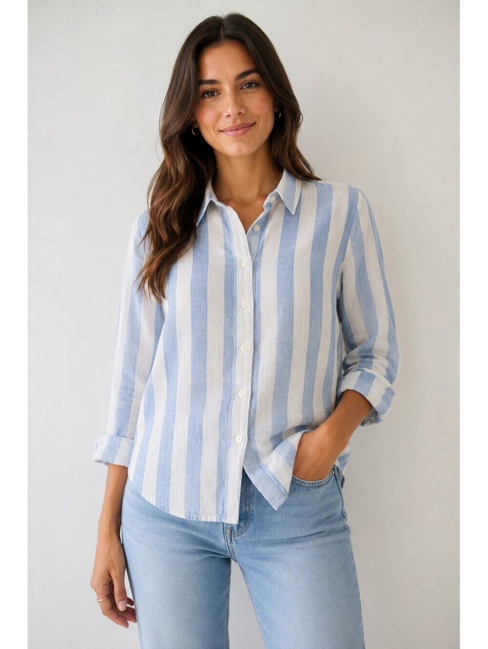 Ann Taylor Weekend Linen Blend Blue White Striped Button Front Shirt